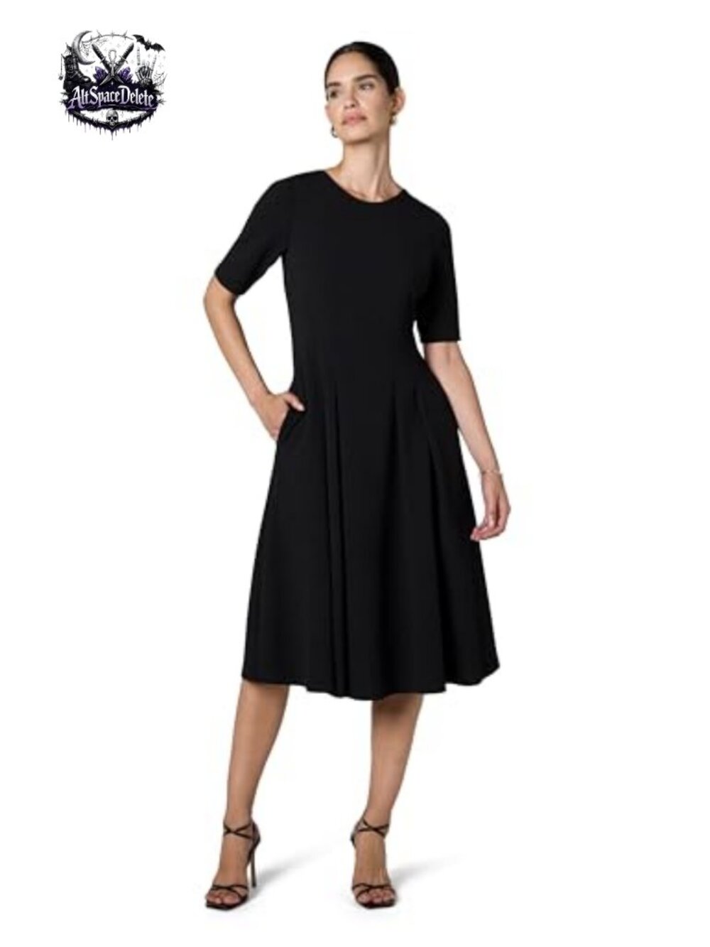 Women's Short Sleeve Double Pleat Midi Dress Scuba Crepe A-Line